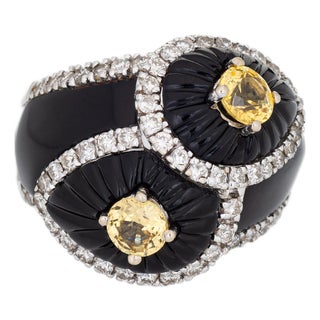 Fluted Onyx Yellow Sapphire Ring Sz 6.5 Diamond Cocktail Jewelry Fine Estate For Sale