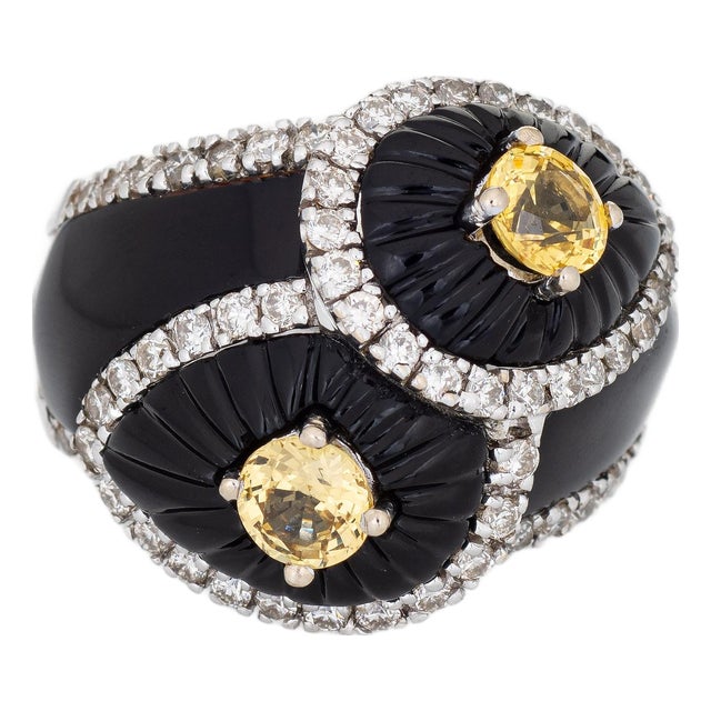Fluted Onyx Yellow Sapphire Ring Sz 6.5 Diamond Cocktail Jewelry Fine Estate For Sale