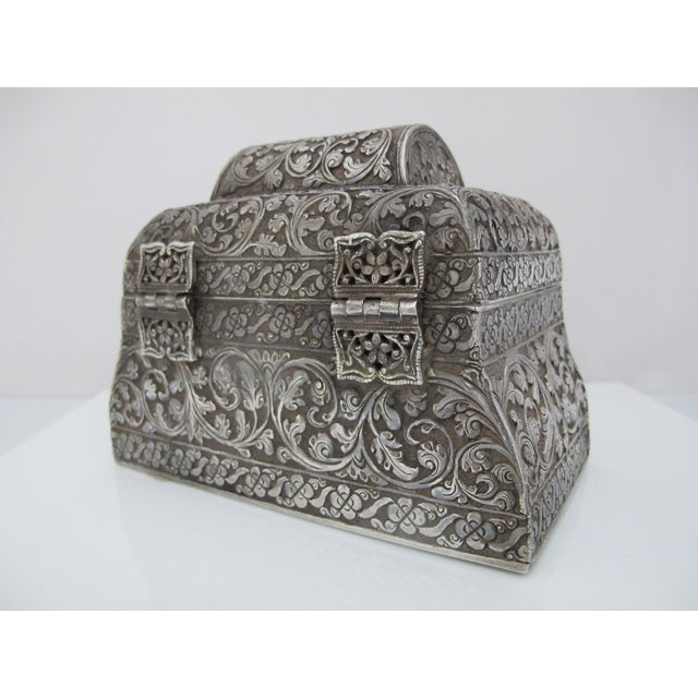 Metal Antique Indian Silver Embossed Flower Scroll Hinged Lid Casket Chest Box For Sale - Image 7 of 11