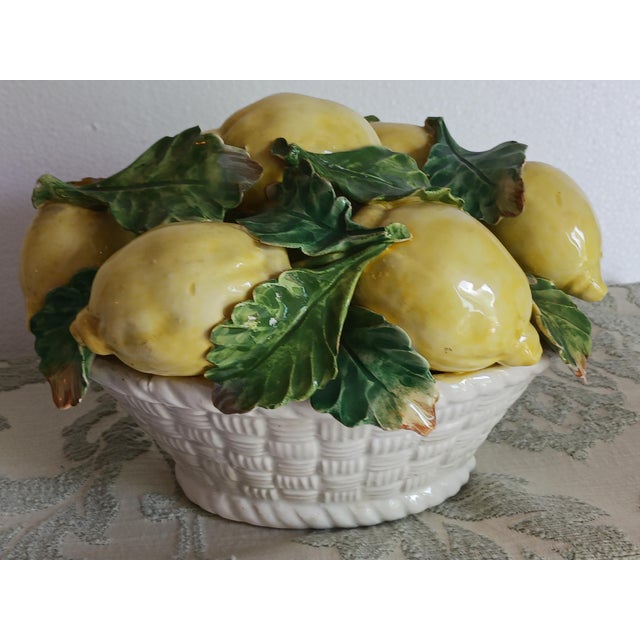 Vintage Majolica Italy Lemons in Woven Basket Centerpiece 1950's For Sale - Image 4 of 6