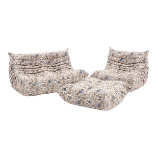 Togo Set in Continental Floral Upholstery Loveseat, Fireside Chair & Ottoman - Restored For Sale