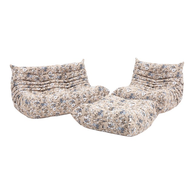Togo Set in Continental Floral Upholstery Loveseat, Fireside Chair & Ottoman - Restored For Sale