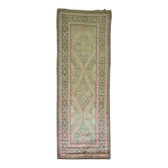 Zabihi Collection Pink and Green Vintage Karabagh Runner - 3'8" x 10'7" For Sale