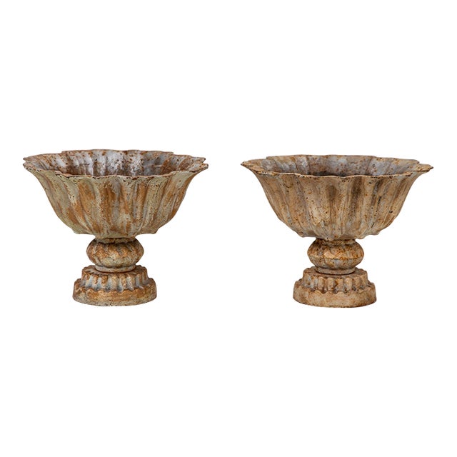 Pair of Verdigris Painted Iron Tazzas or Urns, English Late 20th Century For Sale