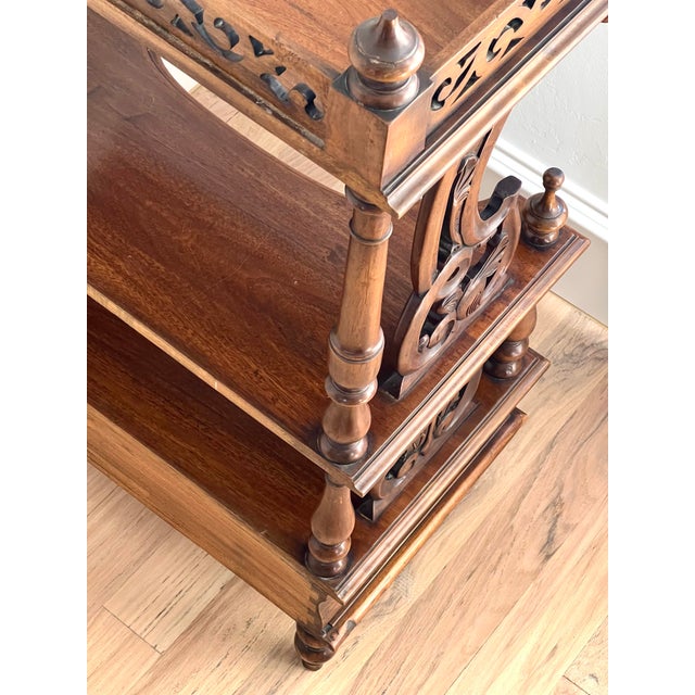 Exquisite Antique Victorian Carved Walnut Étagère Display Stand With Ornate Gallery & Lower Drawer For Sale - Image 11 of 12