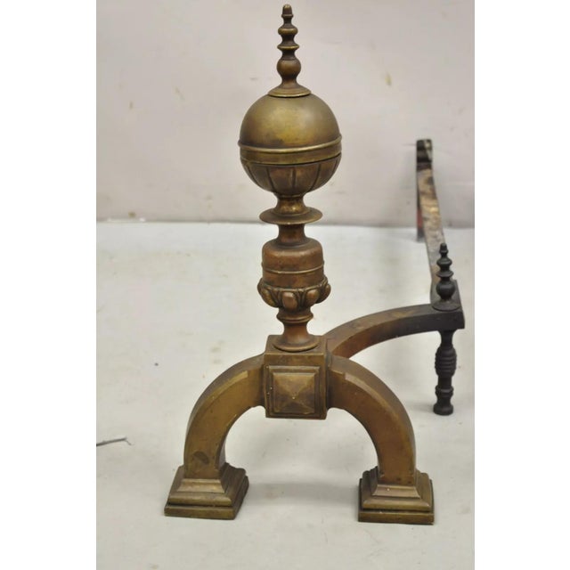Antique English Federal Brass Cannonball Fireplace Andirons With Patina - Pair For Sale - Image 4 of 10