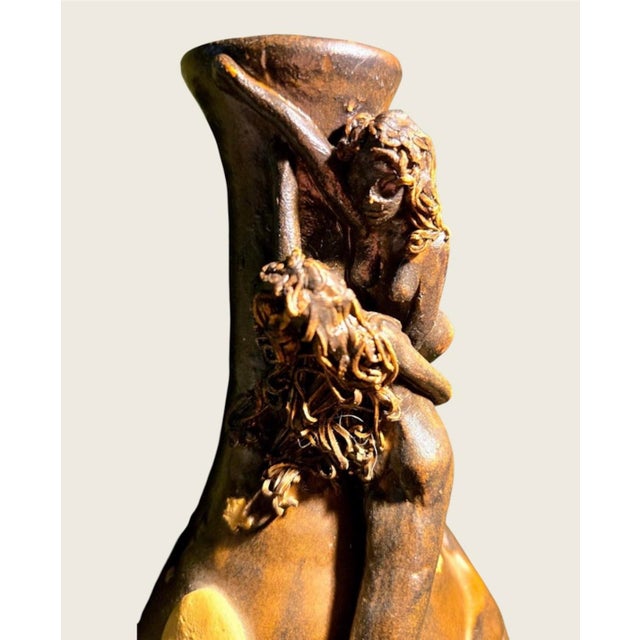 Art Nouveau Antique Terra Cotta Vase With Two Mermaids and Moon & Stars For Sale - Image 3 of 11