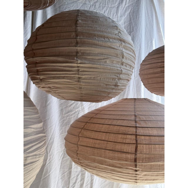 Japanese-Style Round Pink Rattan and Natural Linen Pendant Light For Sale - Image 11 of 18