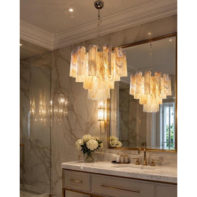 talian Murano glass chandelier with alabaster wisteria glass tubes. The armor polished nickel supports 36 large glass...
