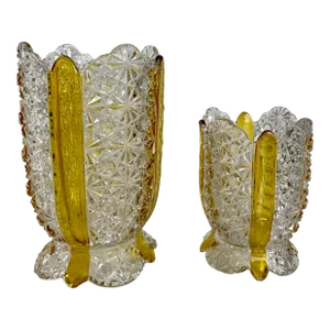 Set of Early American Starburst Amberette Button Glass Vases