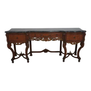 Vintage Continental Style Marble Top Walnut Sideboard