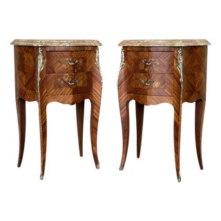 Pair Antique French Louis XV Marquetry Marble Top Nightstands with Two Drawers For Sale
