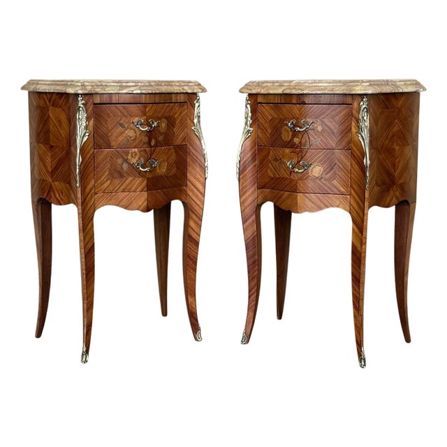 Pair Antique French Louis XV Marquetry Marble Top Nightstands with Two Drawers For Sale