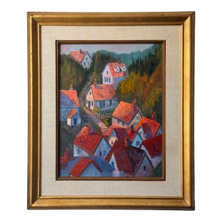 Sunlit Hillside Town With Orange Roofs, Vintage Oil on Board, Framed For Sale