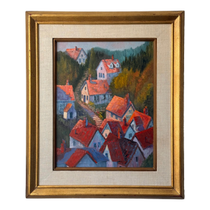 Sunlit Hillside Town With Orange Roofs, Vintage Oil on Board, Framed