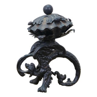 Vintage Cast Iron Dragon Griffon Compote Candle Holder Lidded Dish 8" For Sale