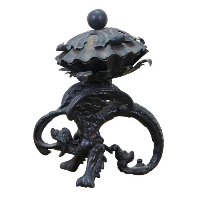 Vintage Cast Iron Dragon Griffon Compote Candle Holder Lidded Dish 8" For Sale