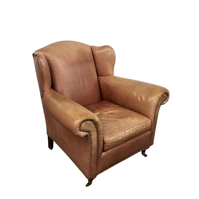 English Vintage Baker Milling Road Leather Wingback Chair & Ottoman With Nailheads and Casters For Sale - Image 3 of 12