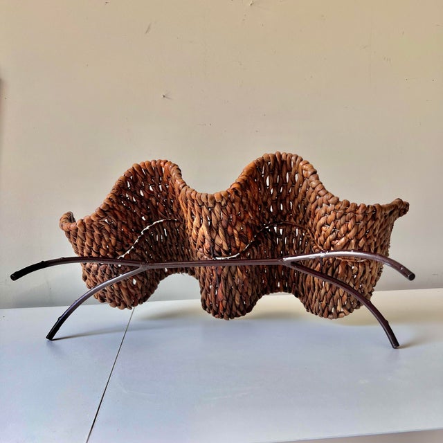 Vintage Organic Modern Rattan and Iron Leaf Shaped Wine Bottle Rack For Sale - Image 10 of 12