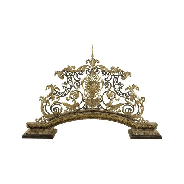 Scrolled Textured Verdigris Iron Fire Screen with Brass Accents and Stone Base