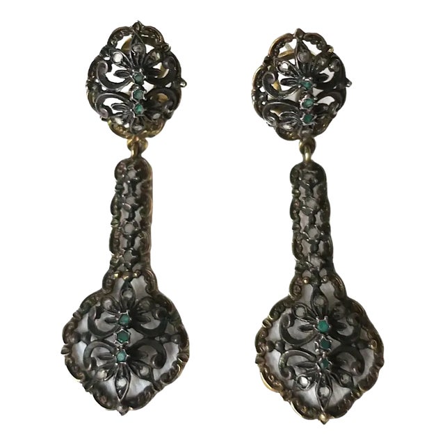 Gold Sterling Silver and Emerald Dangle Earrings, Pair For Sale