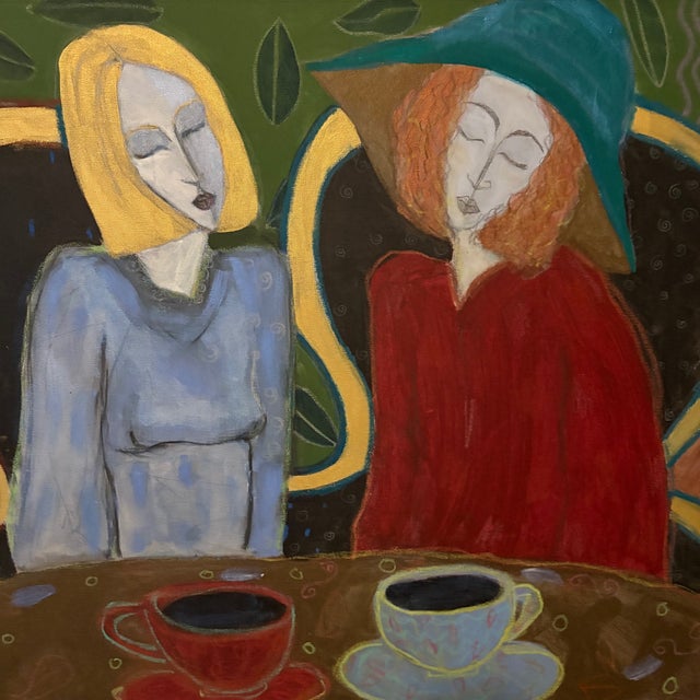 Contemporary Whimsical Painting “Women With Coffee” 1997 For Sale - Image 3 of 4