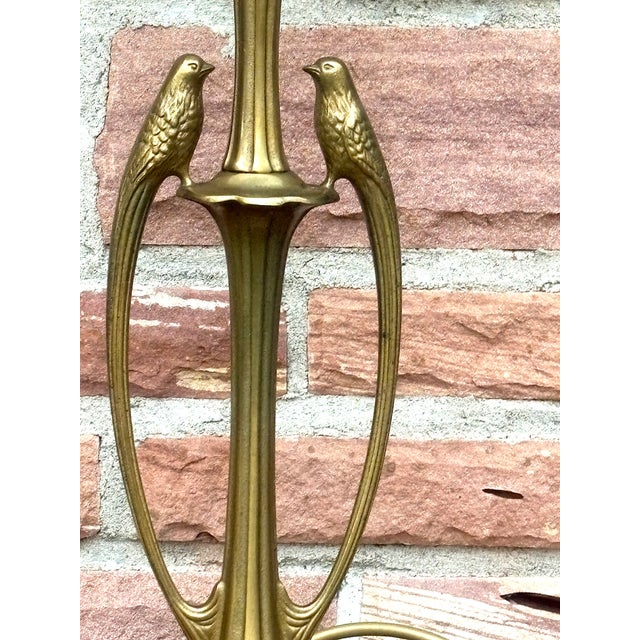 Metal Brass 2-Light Table Lamp with Bird Figurine and Beaded Glass Shade, 1960s For Sale - Image 7 of 13