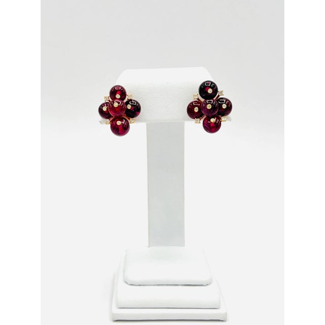 Mid 20th Century Pink Tourmaline Beads and Diamond Cluster Earrings in 18k Yellow Gold - 2 Pieces For Sale - Image 4 of 8