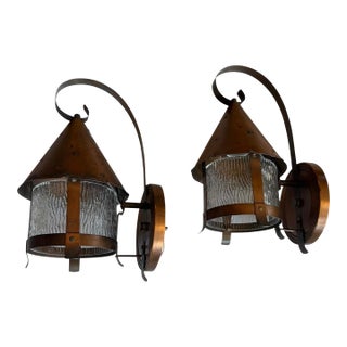 Early 20th Century Arts and Crafts Hammered Copper Outdoor Wall Sconces With Original Patina - a Pair For Sale