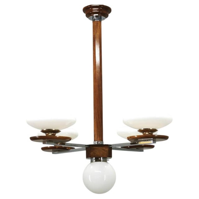 Czech Art Deco Chrome and Opaline Glass Chandelier in Walnut, 1930s For Sale - Image 17 of 17