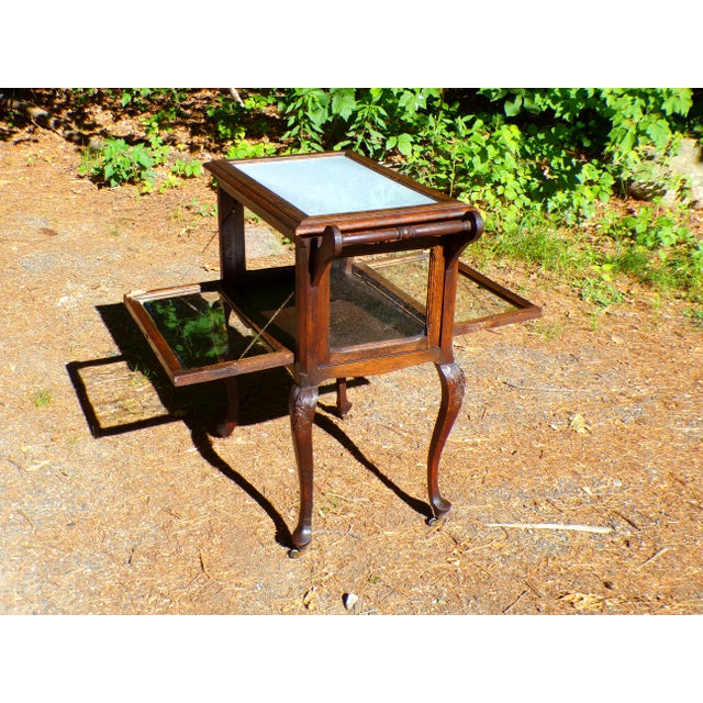 Antique Solid Oak Vitrine Cabinet Serving Bar Tea Cart Trolley For Sale - Image 4 of 18