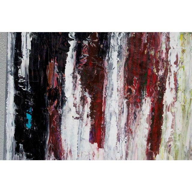 An abstract composition built on the contrast of dark and light vertical textures. The upper part of the canvas is filled...