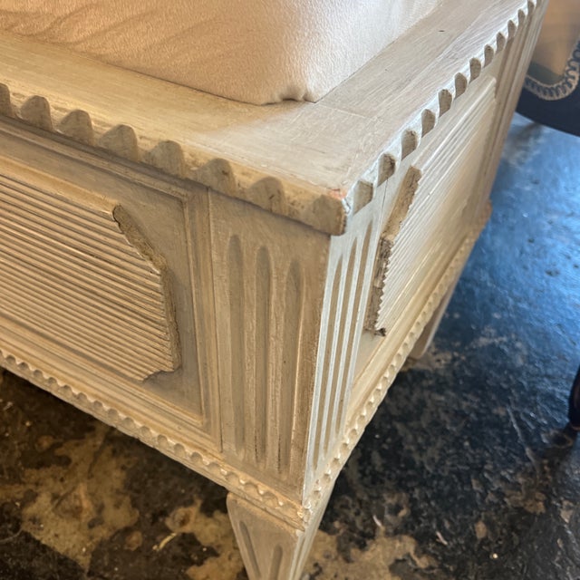 Vintage White Wooden Detailed Carved Bench With Cushion For Sale - Image 4 of 7