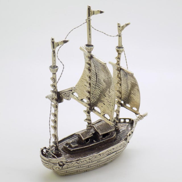Metal Large Vintage Italian Silver Galleon Sailing Ship Figurine, 1980s For Sale - Image 7 of 16