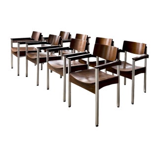 1960s Mid-Century Modern Set of 8 Wood & Burnished Steel Dining Chairs For Sale