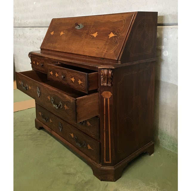 18th Century Spanish Walnut Marquetry, Chest of Drawers With Flap For Sale - Image 4 of 12