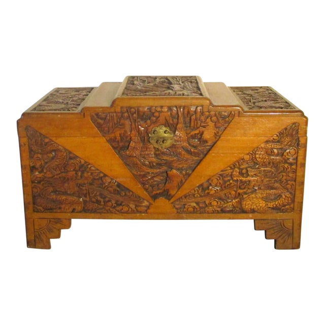 1920s Antique Large Oriental Hand Carved Dragon Stepped Top Camphor Box For Sale
