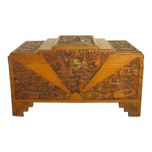 1920s Antique Large Oriental Hand Carved Dragon Stepped Top Camphor Box