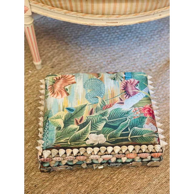 Antique Footstool Covered in Shells, Reupholstered in Designer Velvet For Sale In Charleston - Image 6 of 11