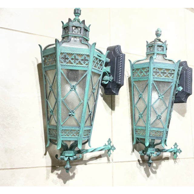 Large Pair of Handcrafted Wall-Mounted Solid Brass Lanterns / Sconces For Sale - Image 12 of 18