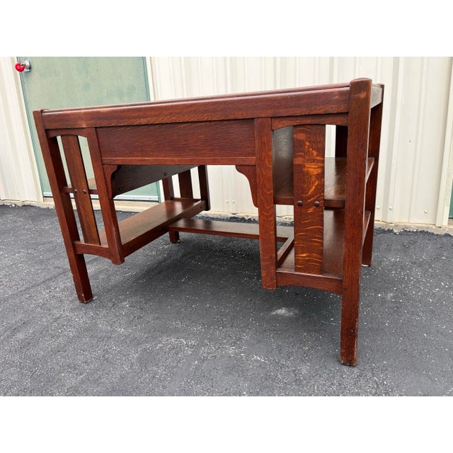 Early 1900s Limberts Quartersawn Oak Arts & Crafts Desk With Side Bookshelves For Sale - Image 9 of 12