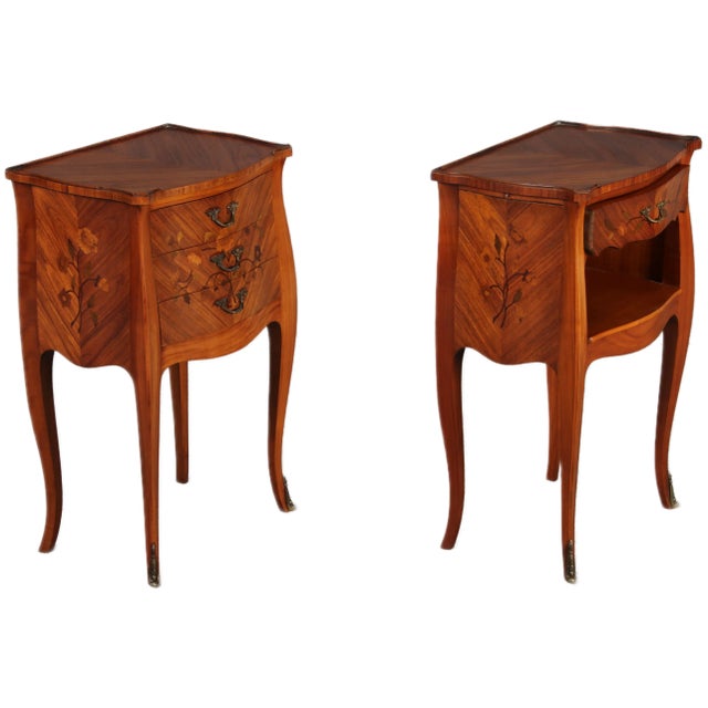 Baroque Antique Louis XV Style Bedside Tables with Floral Inlays, 1915, Set of 2 For Sale - Image 3 of 18
