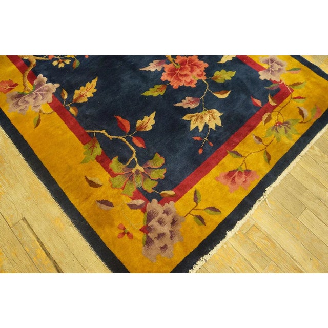 Lovely Navy Blue Background and Yellow Gold Border Color With Floral Design Antique Chinese Art Deco Rug For Sale In New York - Image 6 of 12