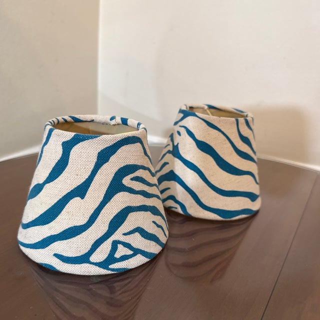 Boho Chic Vintage Blue Zebra Stripe Print Lamp Shade - Set of 2 For Sale - Image 3 of 8