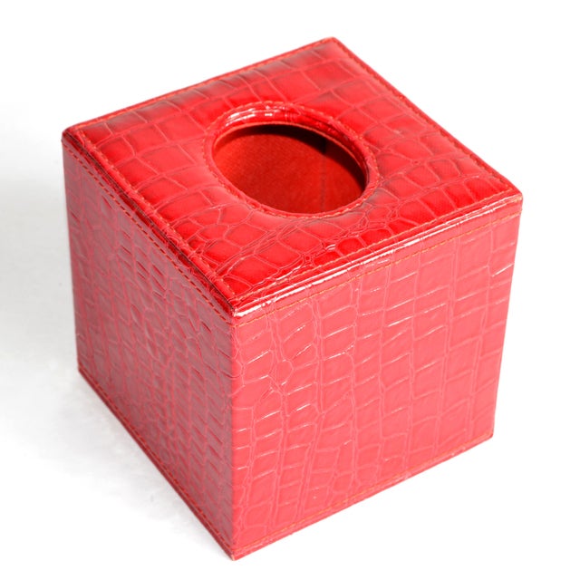 Vintage Square Red Embossed Faux Crocodile Leather Tissue Box Cover For Sale - Image 12 of 12