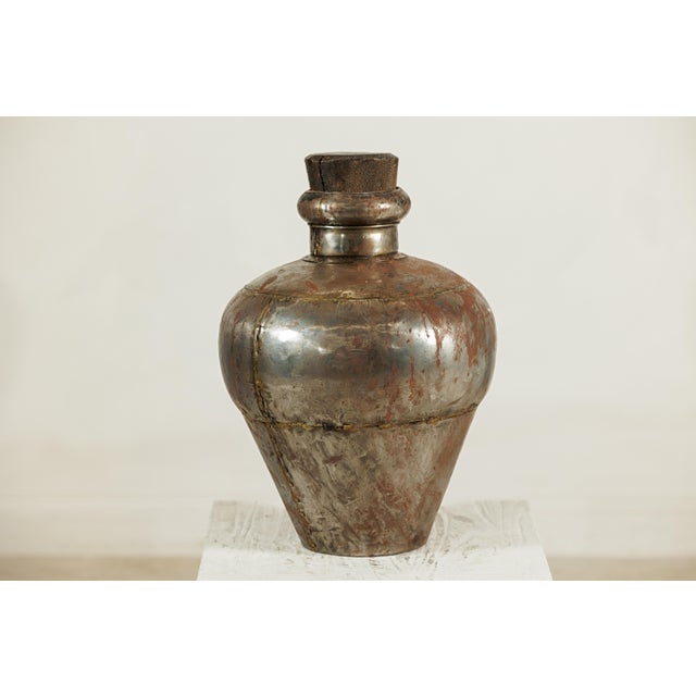 Vintage Indian Handcrafted Metal Water Vessel with Wooden Stopper For Sale - Image 17 of 18