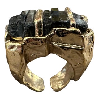 1990s Brass and Black Stone Sculptured Cocktail Ring by Roberto Cavalli For Sale