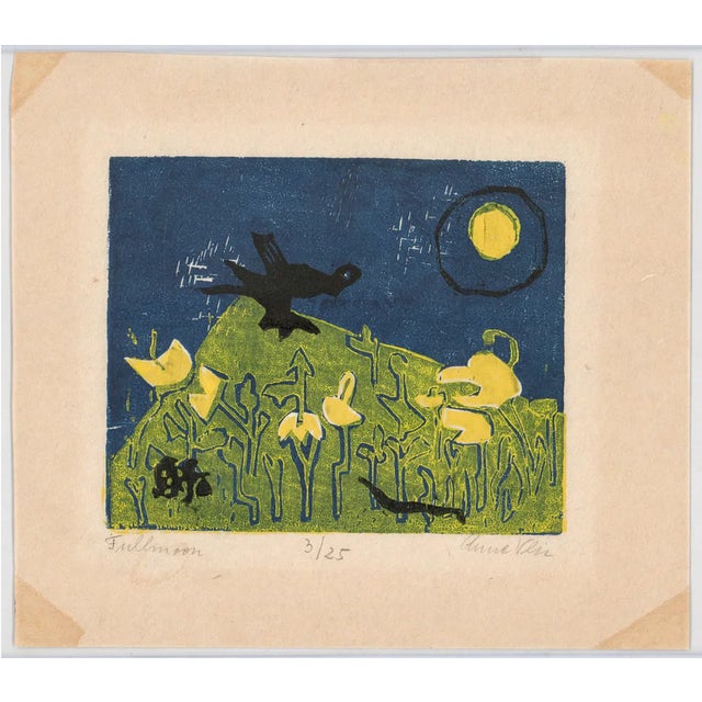 Mid-Century Modern 1960s Anne Veis Fullmoon Woodcut For Sale - Image 3 of 5