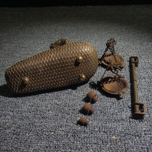 Brass Vintage Brass Dragon-Head Balance Scale With Original Weights For Sale - Image 8 of 9