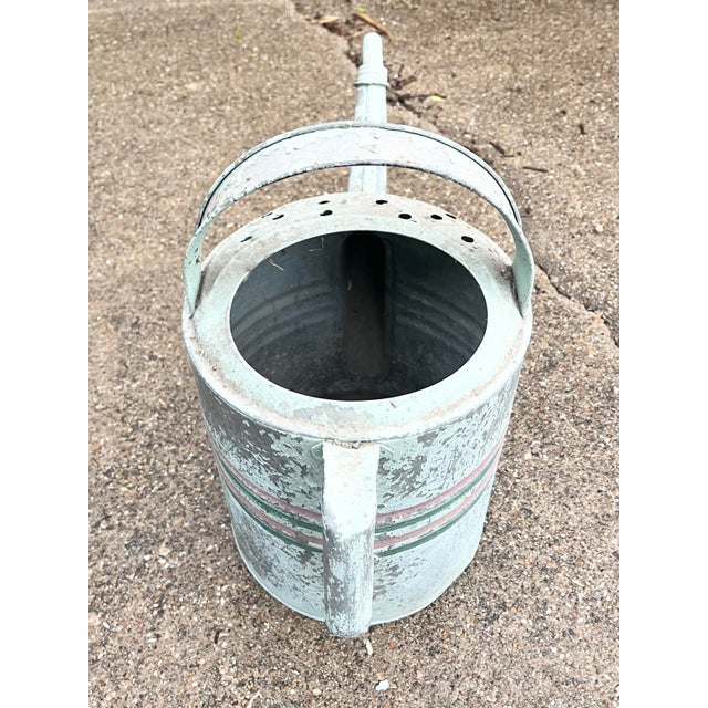 Silver 1940s Vintage Painted Striped Farmhouse Galvanized Garden Watering Can For Sale - Image 8 of 10